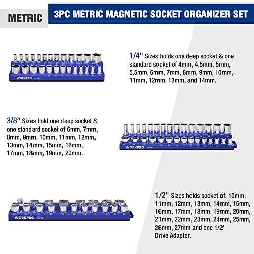 WORKPRO Magnetic Socket Organizer Set, 3-Piece Socket Holder Set Includes 1/4", 3/8" and 1/2" Drive Metric Socket Trays, Holds 75 Pieces Standard Size and Deep Size Sockets(Socket not Included)