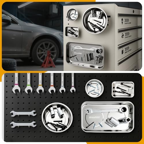 Grenpro 4-Pack Magnetic Parts Tray Set, Heavy-Duty 3/6 Inch Round & Square, Metallic Silver