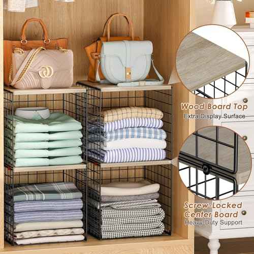 4-Tier Stackable Closet Organizers and Storage, Dual-Layer Reinforced Clothing Cube Shelves with Wood Tops, Sturdy Clothes Storage Bins & Shelf Basket for Wardrobe, Closet Organizer System