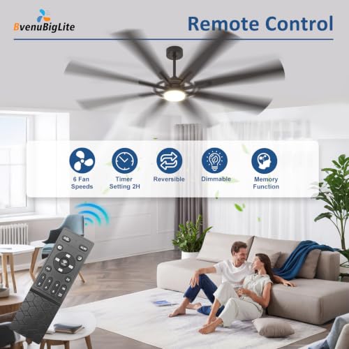 BvenuBigLite Black 72-Inch Modern Outdoor Ceiling Fan with Lights and Remote Control - Reversible 6-Speed Quiet DC Motor