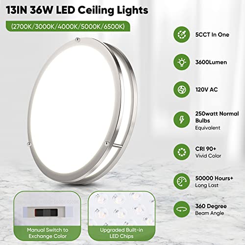 TOBUSA Brushed Nickel 13-inch LED Ceiling Light, 5CCT Dimmable Flush Mount Fixture, 36W 3600lm