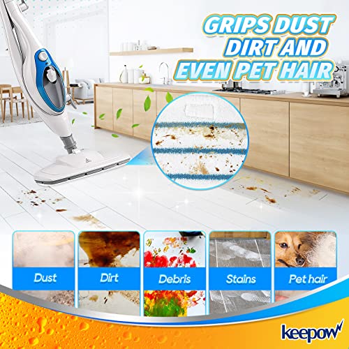 KEEPOW White/Blue 8 Pack Steam Mop Pads for PurSteam ThermaPro 10-in-1 & 211 – Reusable Microfiber Replacement Pads