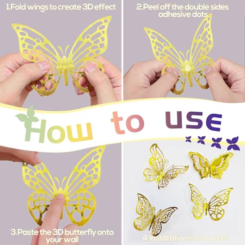 A-Gold 96PCS 3D Butterfly Wall Decor for Cake and Room Decoration