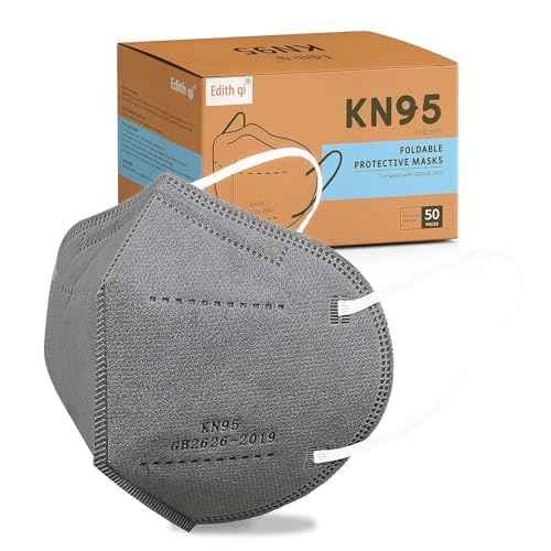 Edith qi KN95 Face Masks 50 PCS,Individually Wrapped, 5 Ply Grey Disposable KN95 Masks for Adults Filter Efficiency 95%, Protection against PM 2.5 Smoke Particles