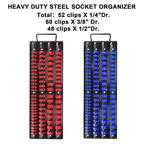 CASOMAN 80-Piece Portable Socket Organizer Tray, 2 Pcs Set, Blue & Red, 1/4-Inch, 3/8-Inch, 1/2-Inch,Heavy Duty Socket Organizer, Black Rails, Blue & Red Clips