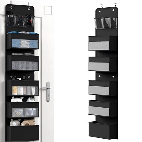 Over The Door Organizer with 5 Large Capacity Pockets, 6 Shelf Detachable Hanging Organizer with Clear Window, 2 in 1 The Door Storage Hanging Shelves for Closet, Dorm, Bathroom, Bedroom (Black)