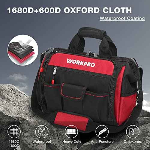WORKPRO 16" Top Wide Mouth Tool Bag with Water Proof Rubber Base, Multi-Compartment, 46 Pockets, For Tool Organizer & Storage, W081122A
