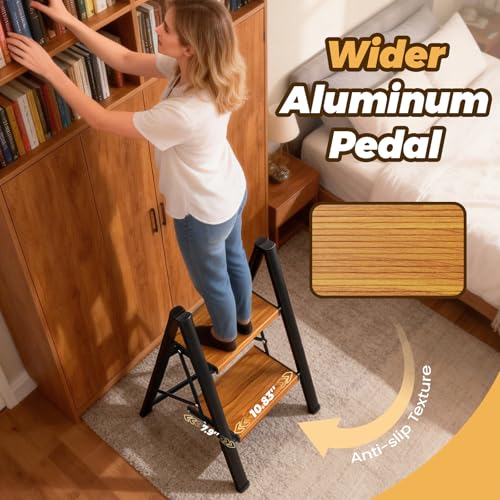 HBTower Black & Woodgrain 2-Step Folding Aluminum Ladder Stool
