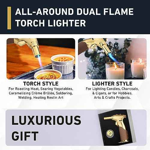 Dual Flame Butane Torch Gun - Refillable Luxury Hand Held Mini Blow Torch for Cooking, Creme Brulee, Soldering, Welding, & Resin Art - Adjustable Flame with Ignition Lock - Gold Brown by inZaynity
