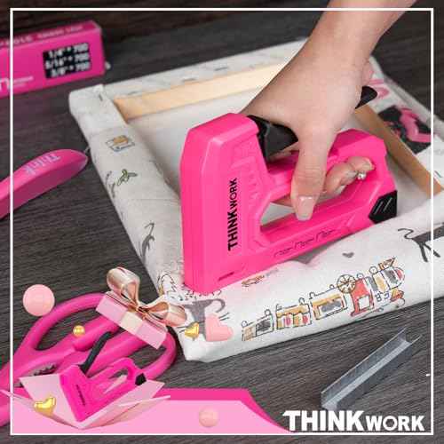 THINKWORK Light Duty Staple Gun, Pink Upholstery Staple Gun for Wood with 1600pcs JT21 Staples 1/4", 5/16", 3/8" and Staple Remover, Women Fabric Stapler Gun for Crafts, Wall, Arts, DIY, Decoration