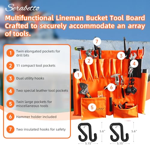 SERABETTO Lineman Tool Board Apron with Two 2" Hooks - Tool Organizer for Bucket Truck