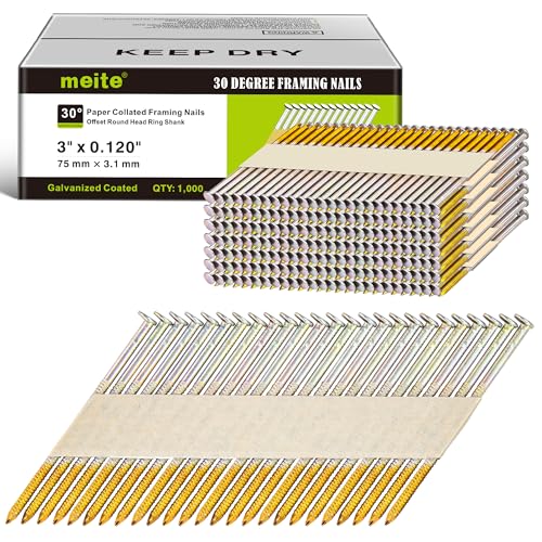 Meite 30 Degree Ring Shank Framing Nails 3 Inch, Galvanized, 1,000PCS