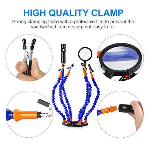 Helping Hand Soldering Third Hands Vise with 6 Flexible Arms LED Flashlight Magnifying Glass Aluminum Base for Soldering, Assembly, Repair, Modeling, Hobby, Crafts, Jewelry Making (Blue)