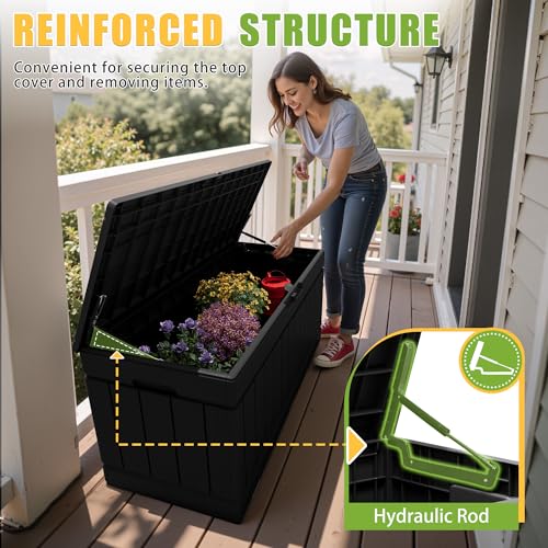Greesum 82 Gallon Outdoor Storage Box with Lid - Waterproof, Lockable Patio Garden Bin (Black)