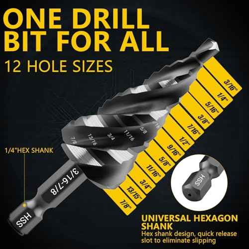 Four Spiral Flute Step Drill Bit, HSS Step Drill Bits (3/16"-7/8") Unibit Step Drill Bit, 1/4" Shank Step Bits for Aluminum, Wood, Plastic, Metal