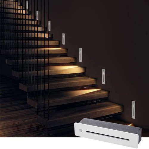 LUMINTURS Integrated PIR Motion Sensor, Dusk to Dawn Photocell Sensor LED Step Light for Indoor and Outdoor Stairway Light Silver Warm White(3000K)
