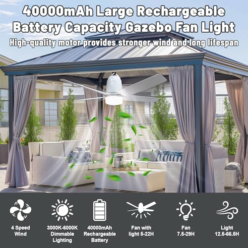 SHUNLEE 31.5 Inch Rechargeable Outdoor Ceiling Fan with Light & Remote, 4 Speeds, Dimmable Canopy Fan for Patio, Camping, Gazebo