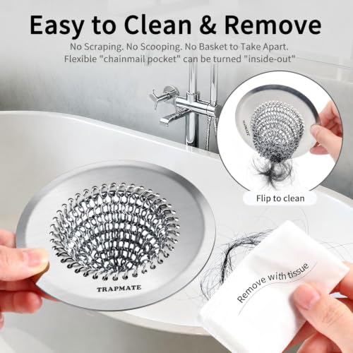 TRAPMATE Silver Shower Drain Hair Catcher - Easy Flip Clean Bathtub Protector