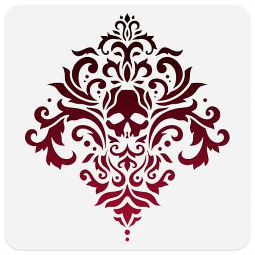 Skull Damask Stencil for Painting, 11.8"x11.8"Reusable Spliced Halloween Stencil Drawing Template, Baroque Retro DIY Craft Paint Template for Wall Home Decor Wood Burning Card Journal Canvas