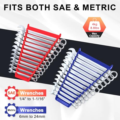PINOZE 4-Piece Magnetic Wrench Organizer - 48-Slot Magnetic Wrench Rack (SAE 1/4"–1-1/16" & Metric 6–24mm) Red/Blue