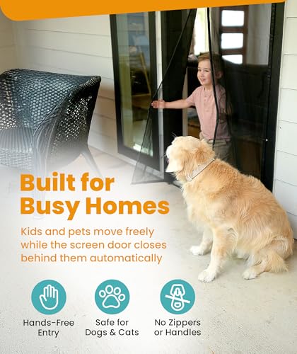 Flux Phenom Black Magnetic Screen Door 38x82 Inch - Pet & Kid Friendly, Easy Install