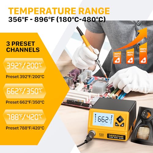 SEEKONE 60W Soldering Station 356¡ÆF - 896¡ÆF£¨180¡É - 480¡ɣ©Soldering Iron Station with 5 Extra Iron Tips, ESD Safe, 3 Preset Channels, ¡ÆC/¨¬F Conversion, Auto Sleep, Calibration Support & Power-on Memory