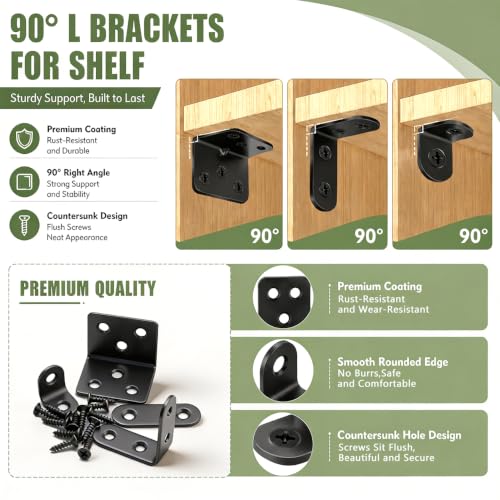mxuteuk 96PCS Black Stainless Steel L Brackets for Shelves & Furniture, 20/30/40/50mm