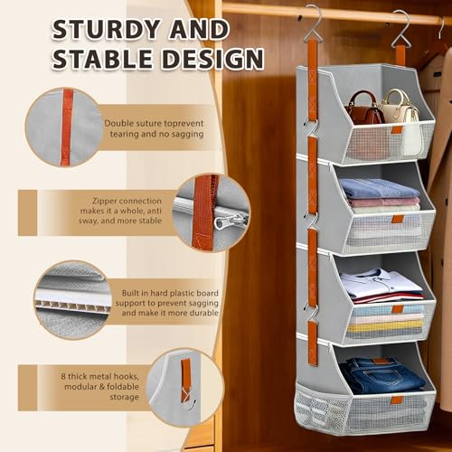 Grey 4-Tier Fabric Hanging Closet Organizer with See-Through Front & Side Pockets - Space-Saving Wardrobe Storage