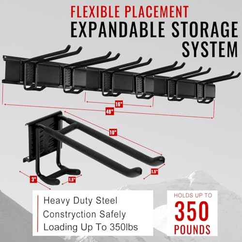 Wall Mount Tool Storage Rack, Garage Organization, Heavy Duty Garage Storage Tool Organizer, Garden Tool Wall Hooks and Hangers, Hold Up to 350lbs Black