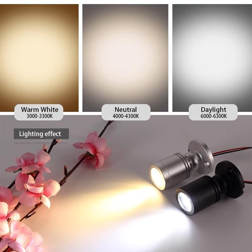 Dimmable 12V LED Mini Spotlights for Display - 1.5W Daylight 6500K, Small Spotlights for Displays with Dimmer, Black - Set of 2