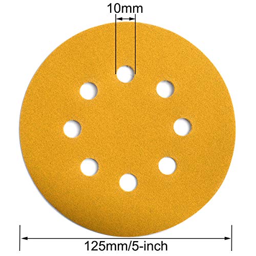 Aiyard 100-Pack 5-Inch 220 Grit Hook and Loop Sanding Discs with 8 Holes