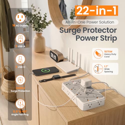 Chiefway 6 FT White Surge Protector Power Strip with 16 Outlets & 6 USB Ports