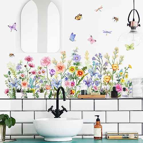 Floral Wall Stickers, Wildflowers Grass Butterfly Wall Clings, DIY Spring Summer Natural Flower Greenery Wall Decals for Bedroom Living Room TV Office Home Decorations