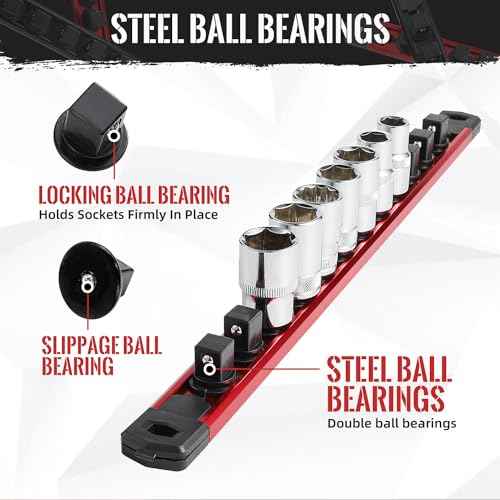 Magnetic Socket Organizer, 3-Piece Heavty Duty Aluminum Socket Holder, Socket Rail for Tool Box, Premium Quality 360¡Æ Swivel Socket Rack Kit with 40 Clips for 1/2, 3/8, 1/4-Inch(Red)