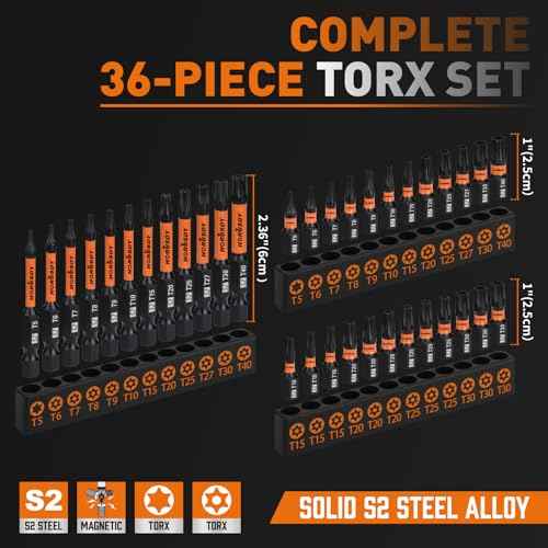 HORUSDY Torx Bit Set, 36pcs Security Torx Bit Set,Tamper Proof Star Bits (T5-T40) for Impact Driver, S2 Steel Screwdriver 1" & 2.3" Long,Torque Security Bits with Storage Box