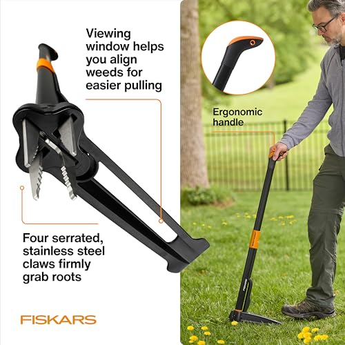 Fiskars Deluxe 4-Claw Stand-Up Weed Puller Tool - Stainless Steel Roots Remover