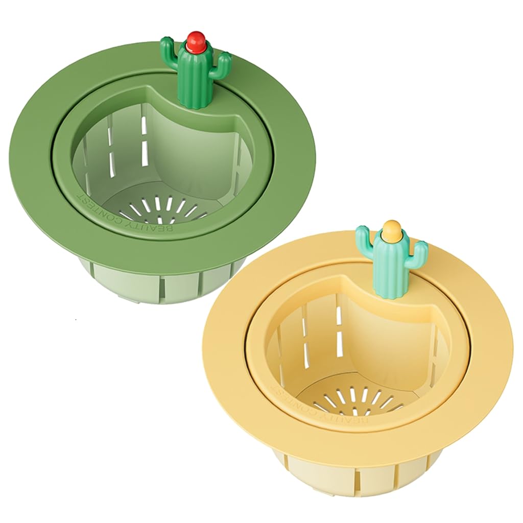 Cactus Kitchen Sink Drain Strainer Press to Dump Basket Waste Collector Fun Sink Accessory for Home Bathroom (YellowGreen-widened gasket-2)