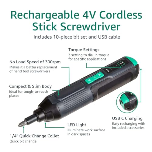 Amazon Basics 4V Cordless Screwdriver with 10-Piece Bit Set, USB-C Cable, LED Light, 3 Torque Settings