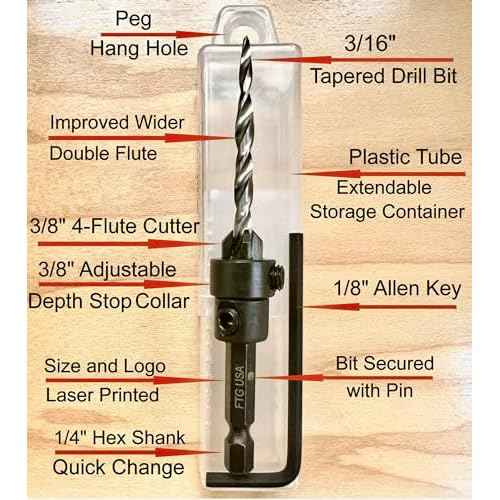 FTG USA Adjustable Wood Countersink Drill Bit #10 (3/16") with Tapered Drill Bit for Woodworking