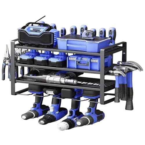 4 Drill Holder Wall Mount Drill Rack Organizer 4 Layer Metal Power Tool Hand Tool Storage Rack Cordless Drill Holder Organizer for Garage Workshop Workbench