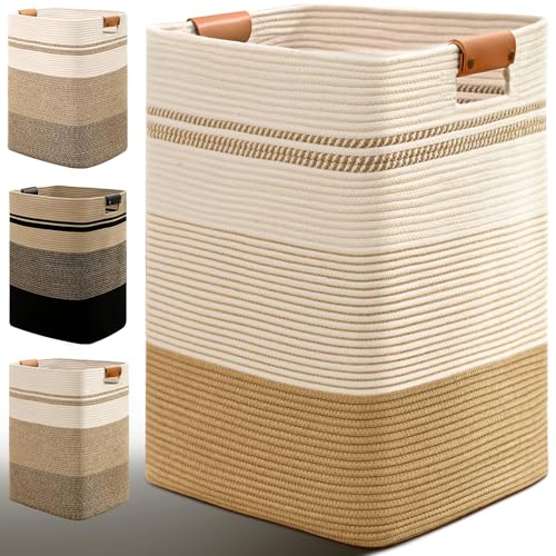 85L Jute & White Laundry Hamper with Leather Handles – Tall Rectangle Cotton Rope Storage Basket