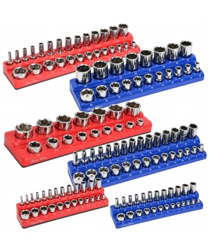 Bates Choice 6-Pack Magnetic Socket Organizer Set, 1/4, 3/8 & 1/2 in Drive (Red & Blue) — 143 Slots