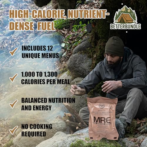 BetterBundle Military-Grade Emergency MRE Meals Pack with Flameless Heater - 12 Ready-to-Eat Survival Food Supplies, 10-Year Shelf Life