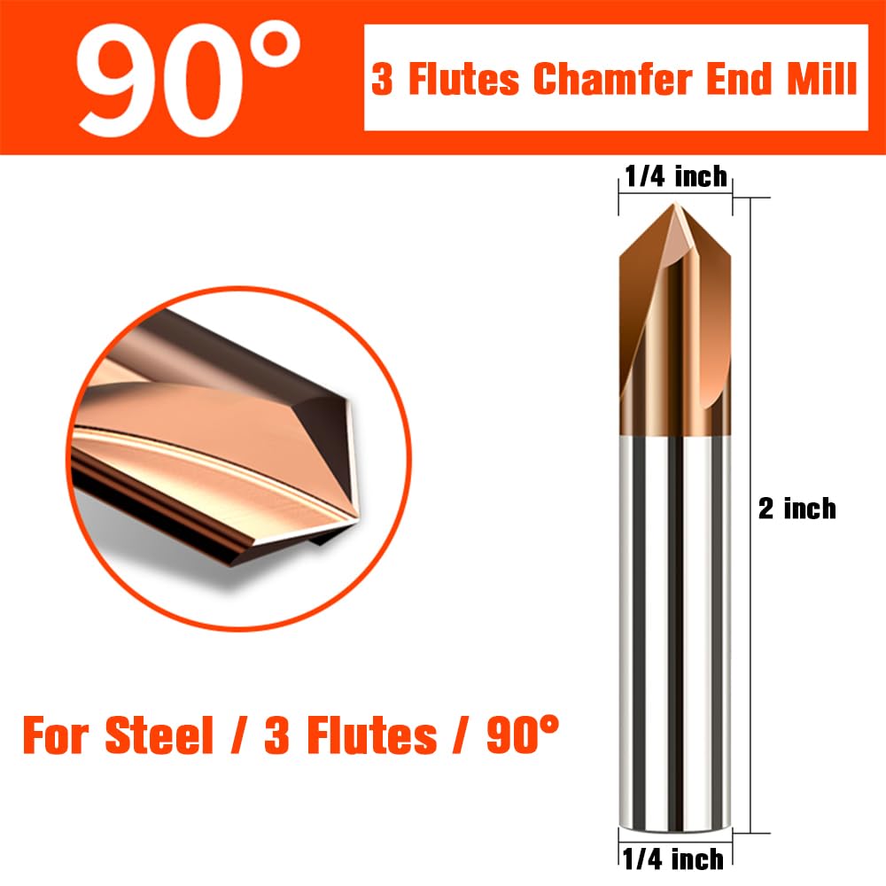 sisona Carbide Chamfer End Mill 90 Degree 1/4" Shank Dia - Carving Bits, V Groove,Tisin Coated 3 Flute - for Alloy Steels, Hardened Steels