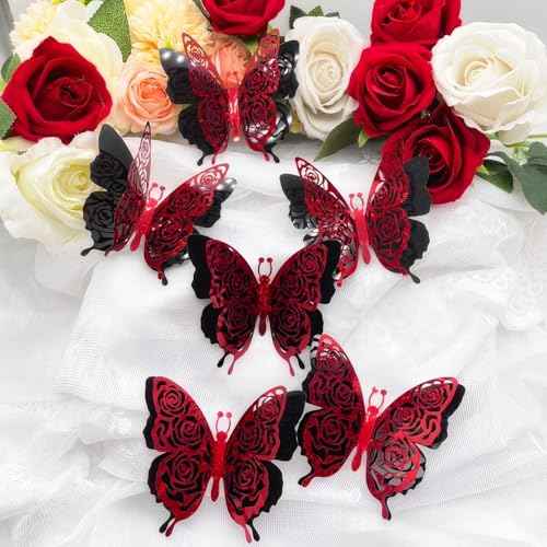 3D Butterfly Wall Decor Summer Party Rose Butterfly Sticker Decoration 3.85x4.6 inche Red Black Double Deck Removable Sticker for Birthday Holiday Party Decoration-6pcs