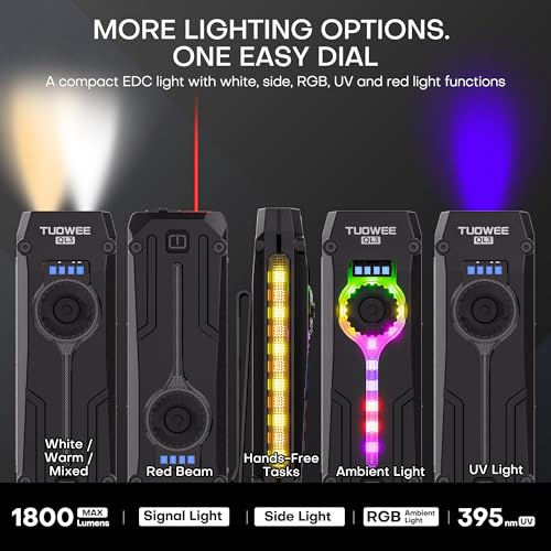TUOWEE Black Large Rechargeable UV Flat EDC Flashlight 1800 Lumens with RGB & Magnetic Base