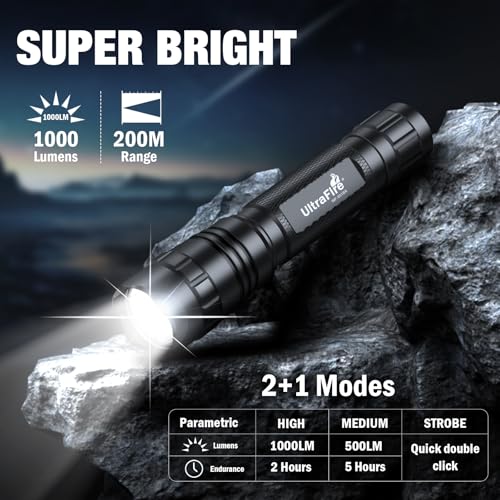ULTRAFIRE Tactical Flashlight with Duty Belt Holster, 1000 Lumen Rechargeable Police Flashlight for Law Enforcement, 3-Mode Security LED Flashlight with Belt Holder WF-501BX