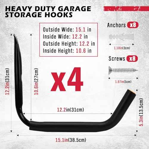 SEDY 4-Piece 15" 100 Lbs Heavy Duty Garage Storage Hooks, Kayak Storage Rack Garage Hooks Jumbo Arm Kayak Wall Mount for Hanging Surfboard Snowboard Paddle Board Ladders Bikes
