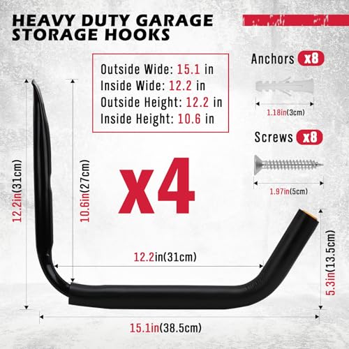Heavy Duty Garage Wall Hooks for Kayaks & Large Gear - 15" Support 100 Lbs