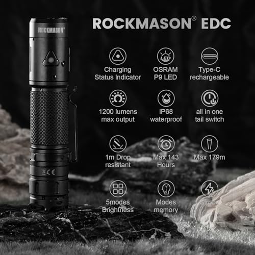 ROCKMASON RM-F3 EDC Flashlight High Lumens, IP68 Waterproof Flash Light, Rechargeable Flashlights for Home, Outdoor, Exploration, Hiking, Camping, Rescue, Hunting, Cycling, Hurricane Emergency